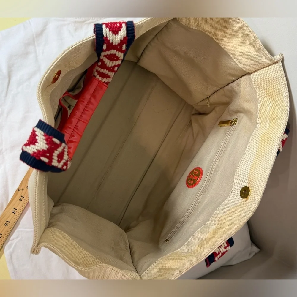 Tory Burch canvas and patent leather mini tote bag in a cream and red colorway